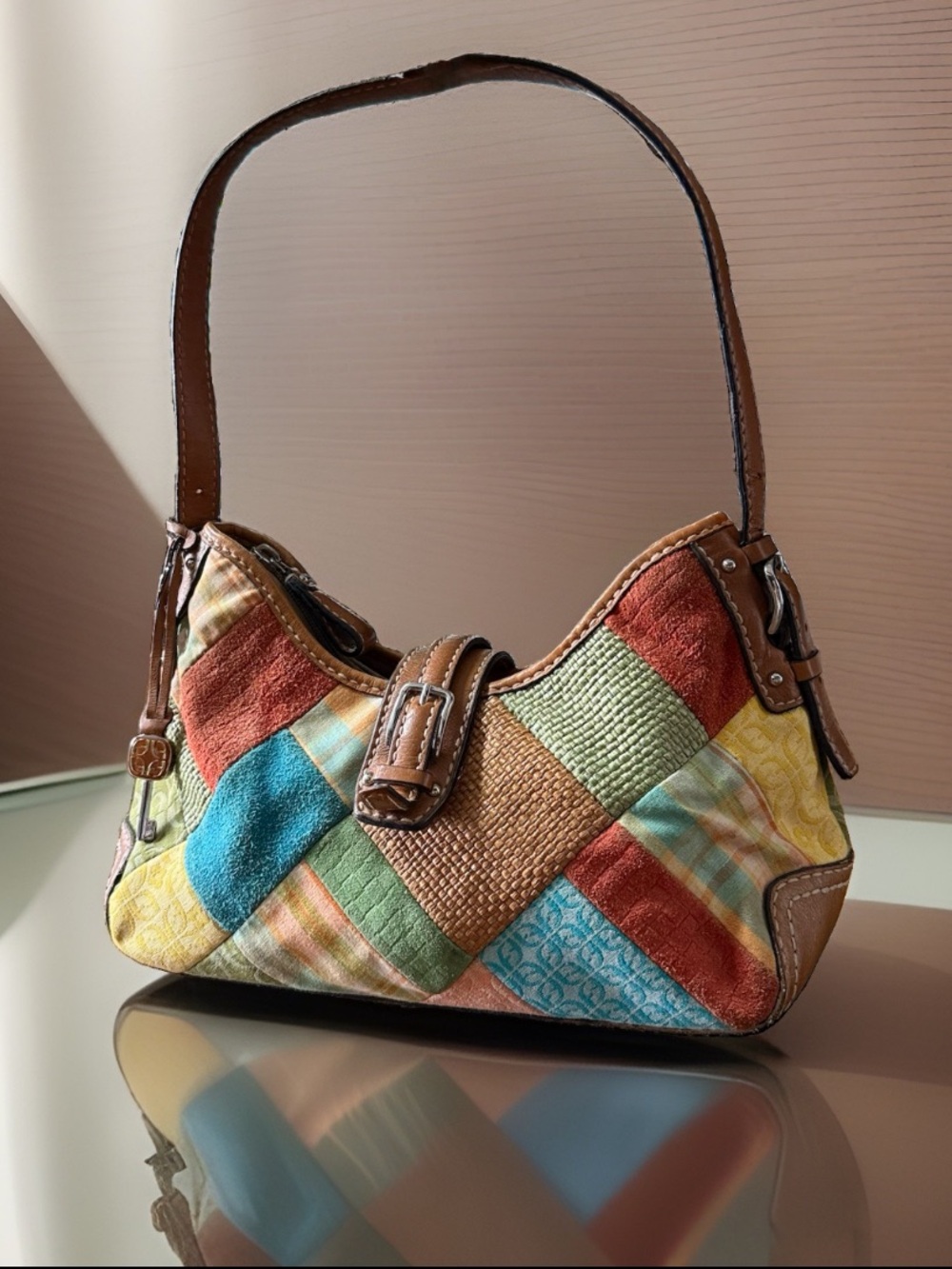 🌈👜 Vintage Fossil Y2K Patchwork Shoulder Bag + Original Key Charm